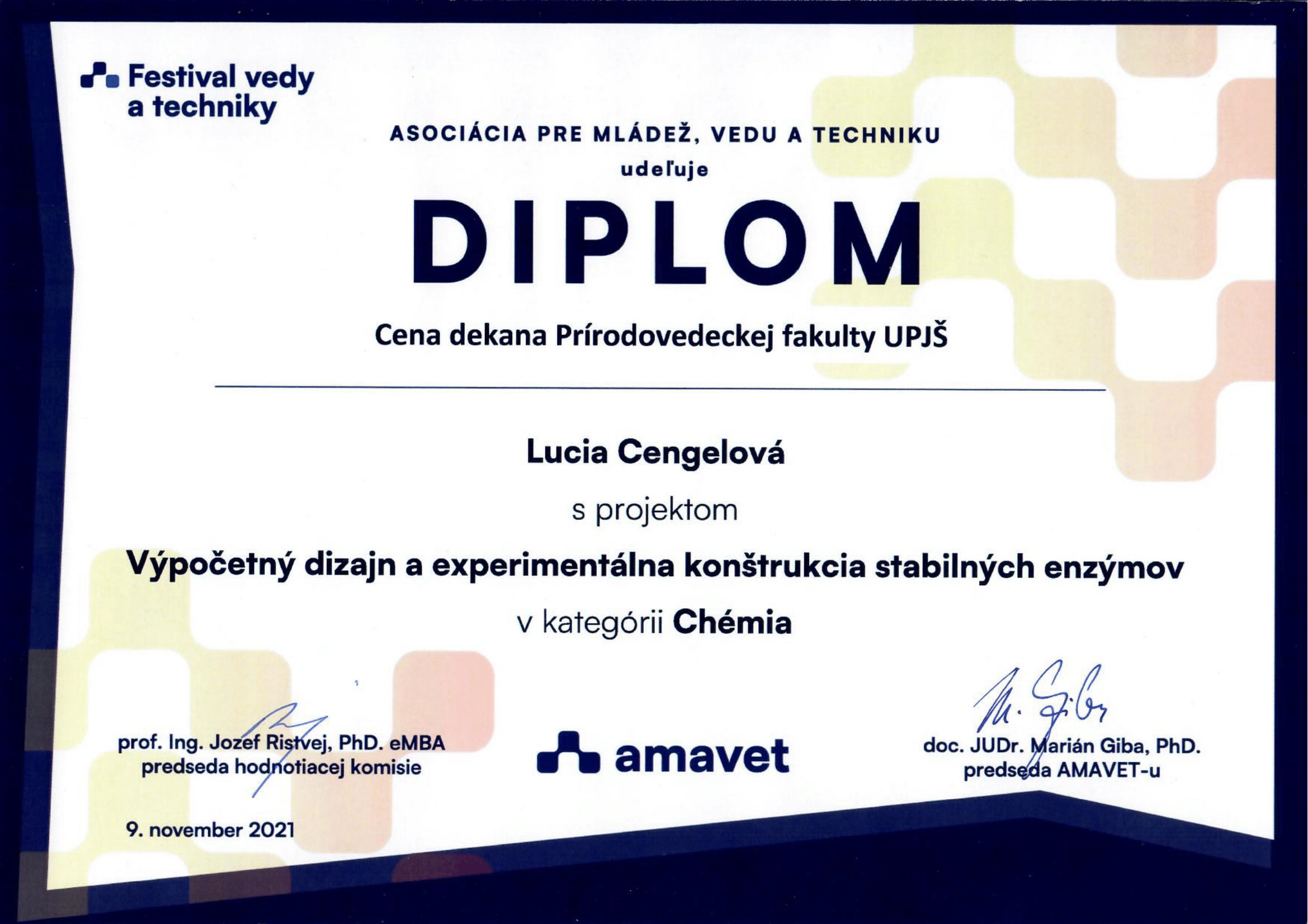 Diplom dekana Prírodovedeckej fakulty UPJŠ